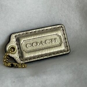 COACH 2.25" Hang Tag Fob Bag Charm Metallic Gold Leather, Gold Ball Chain